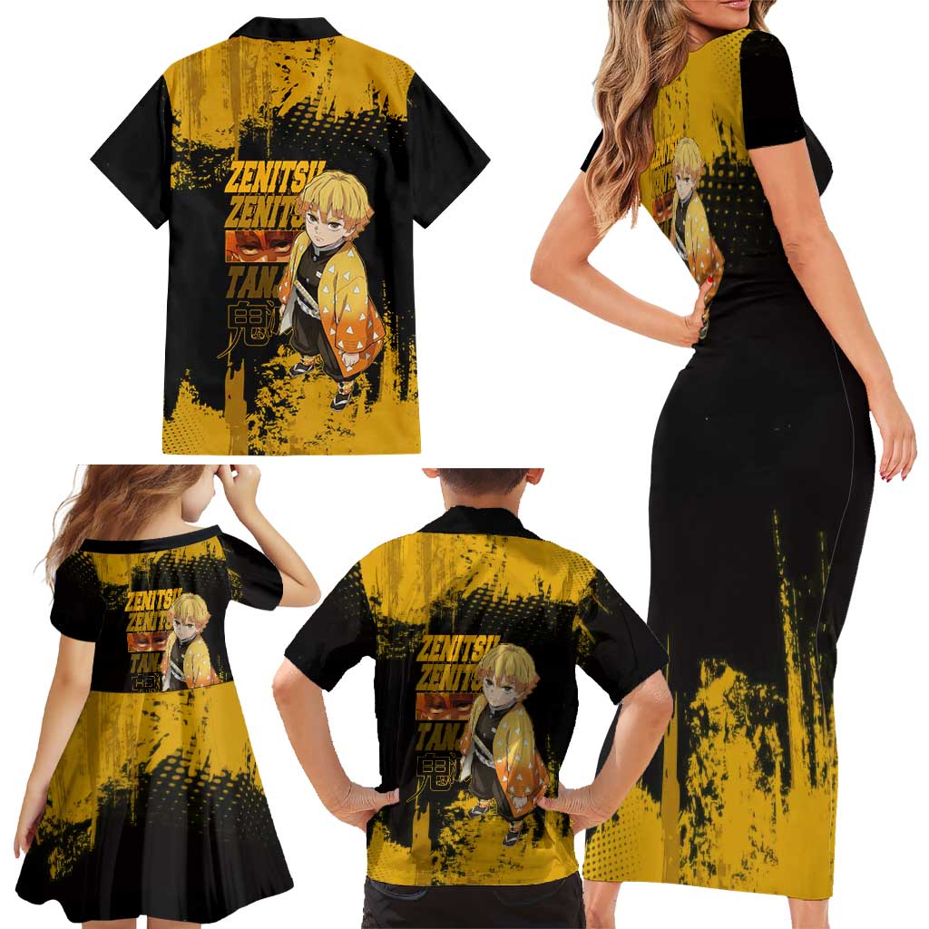 Zenitsu Agatsuma Demon Slayer Yellow Grunge Design Family Matching Short Sleeve Bodycon Dress and Hawaiian Shirt with Lightning Eyes and Bold Pose