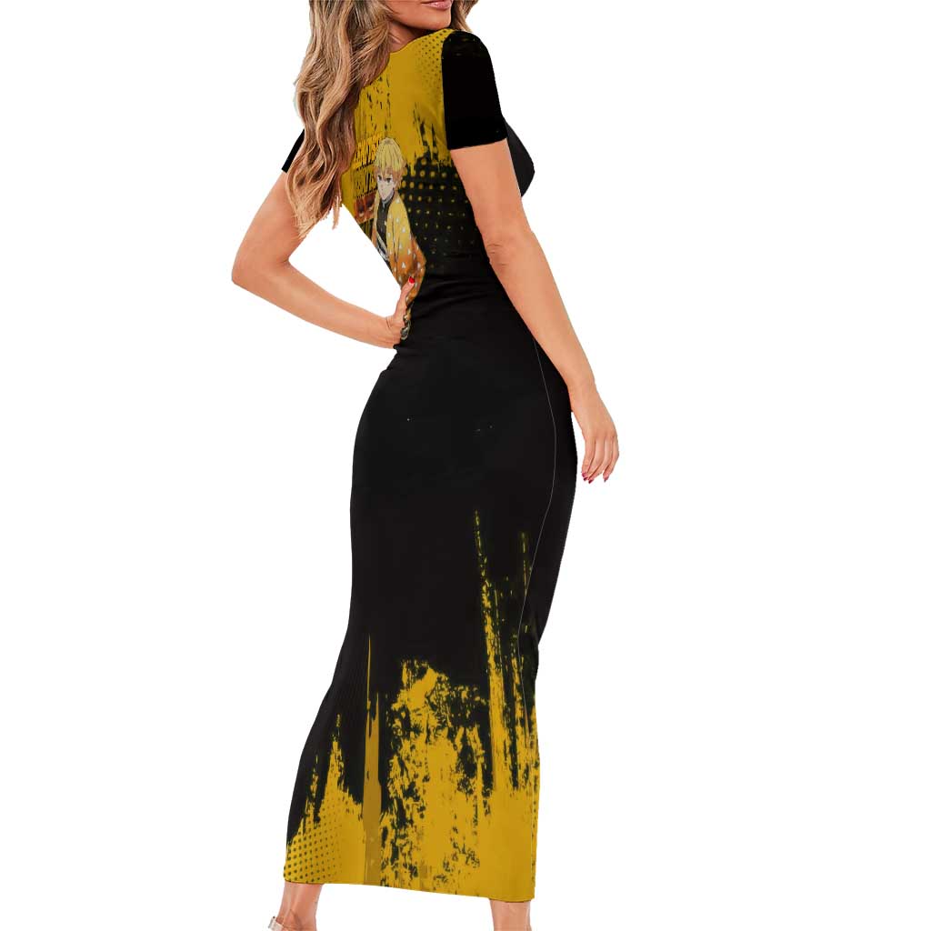 Zenitsu Agatsuma Demon Slayer Yellow Grunge Design Family Matching Short Sleeve Bodycon Dress and Hawaiian Shirt with Lightning Eyes and Bold Pose