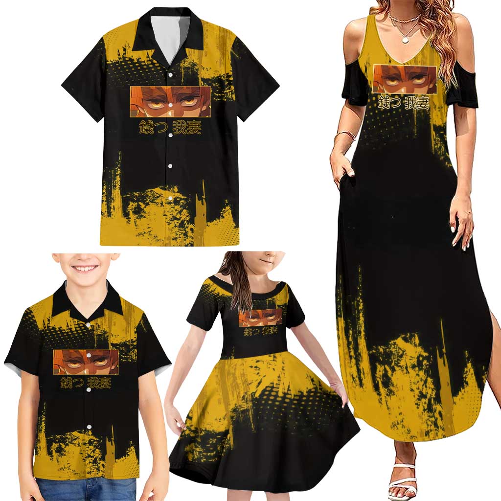 Zenitsu Agatsuma Demon Slayer Yellow Grunge Design Family Matching Summer Maxi Dress and Hawaiian Shirt with Lightning Eyes and Bold Pose
