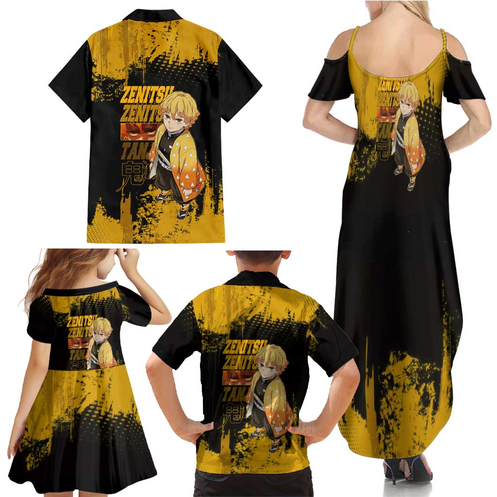 Zenitsu Agatsuma Demon Slayer Yellow Grunge Design Family Matching Summer Maxi Dress and Hawaiian Shirt with Lightning Eyes and Bold Pose