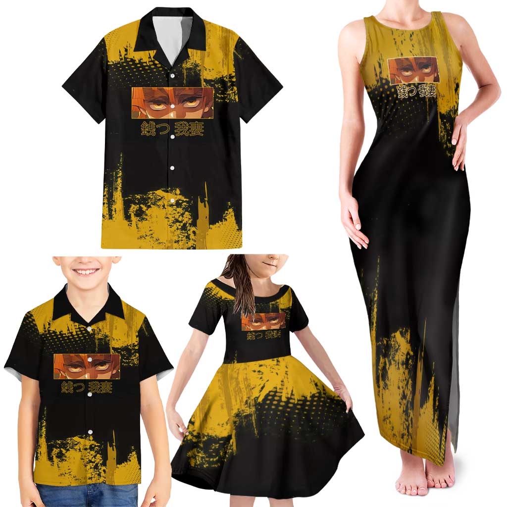 Zenitsu Agatsuma Demon Slayer Yellow Grunge Design Family Matching Tank Maxi Dress and Hawaiian Shirt with Lightning Eyes and Bold Pose