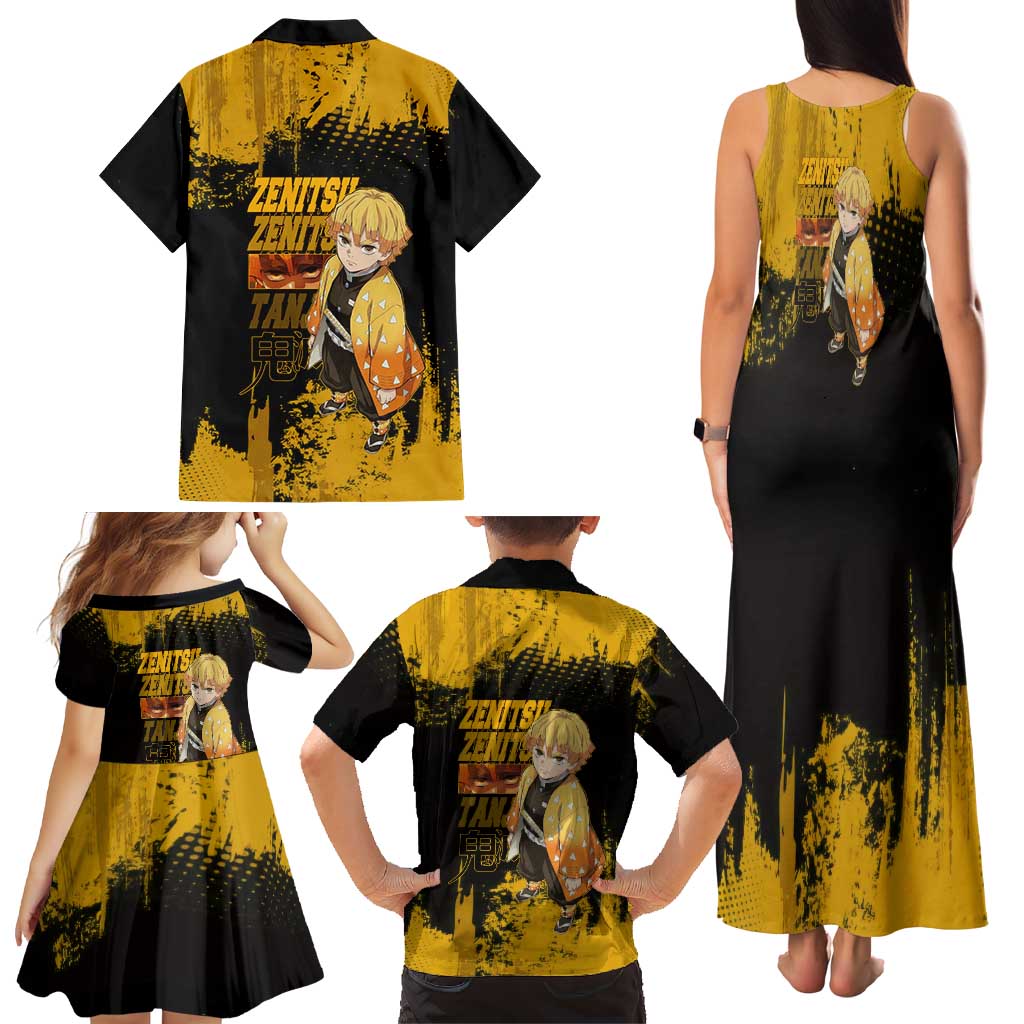 Zenitsu Agatsuma Demon Slayer Yellow Grunge Design Family Matching Tank Maxi Dress and Hawaiian Shirt with Lightning Eyes and Bold Pose