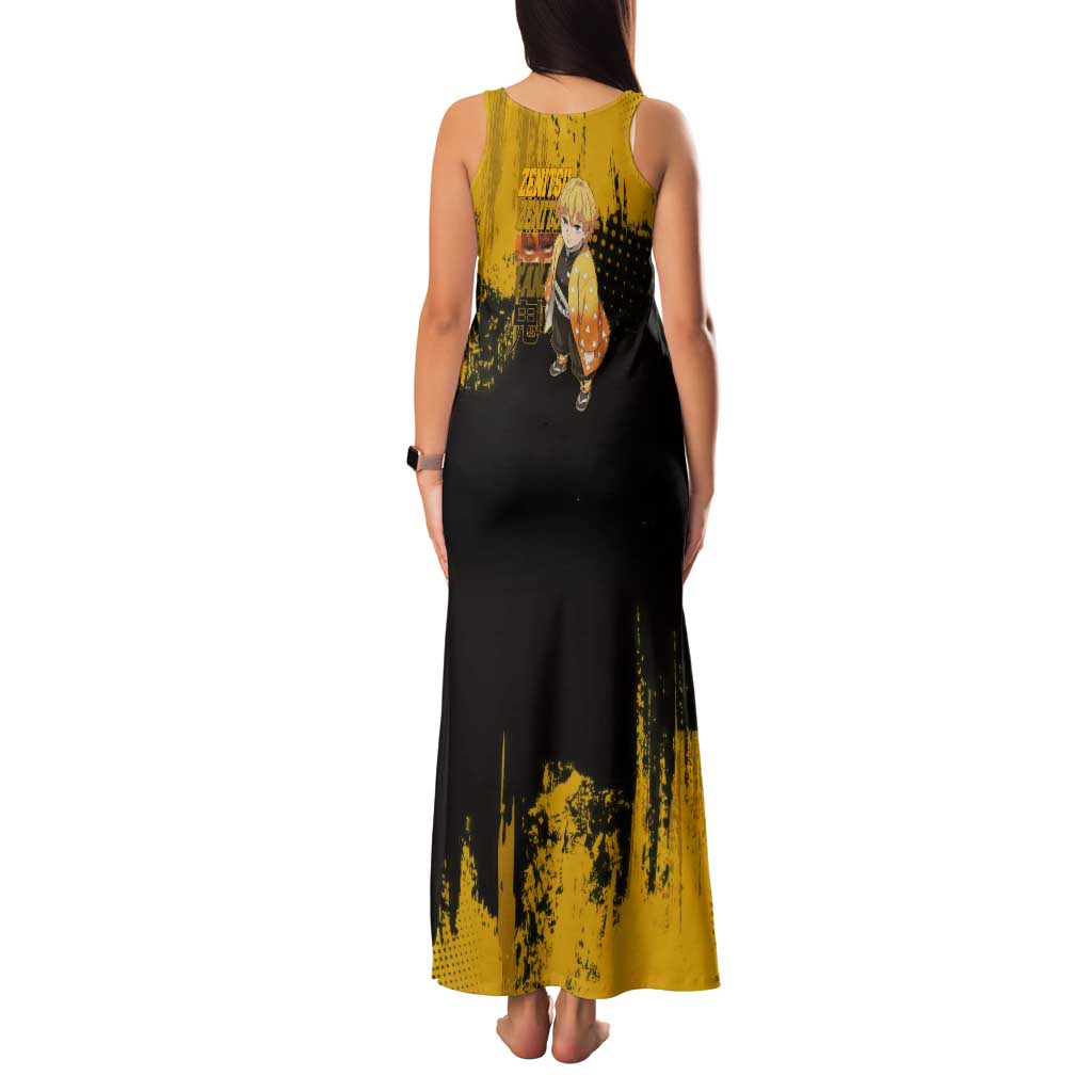 Zenitsu Agatsuma Demon Slayer Yellow Grunge Design Family Matching Tank Maxi Dress and Hawaiian Shirt with Lightning Eyes and Bold Pose