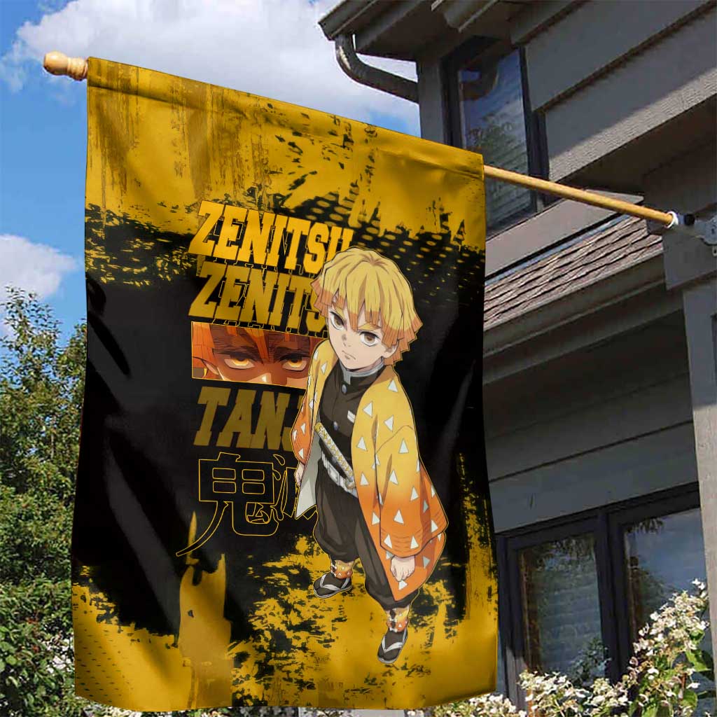 Zenitsu Agatsuma Demon Slayer Yellow Grunge Design Garden Flag with Lightning Eyes and Bold Pose - The Mazicc