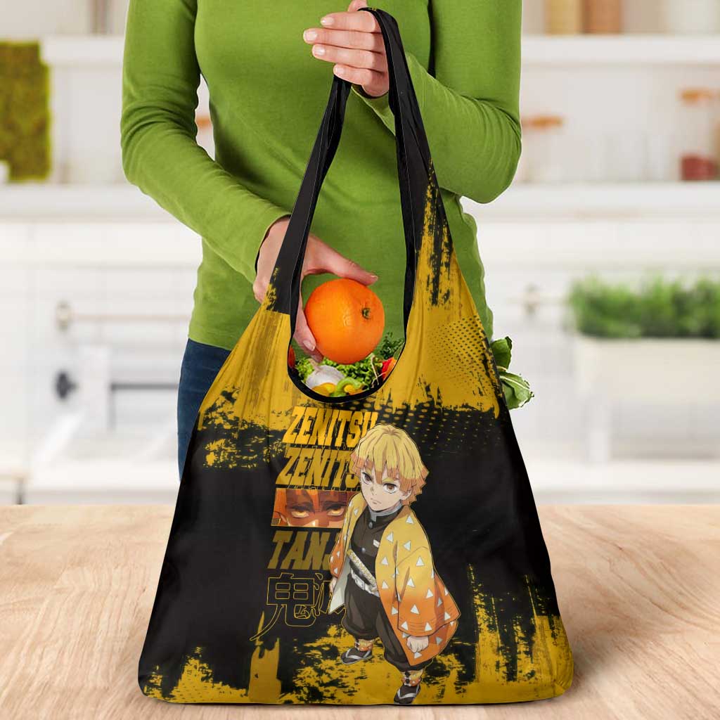 Zenitsu Agatsuma Demon Slayer Yellow Grunge Design Grocery Bag with Lightning Eyes and Bold Pose - The Mazicc