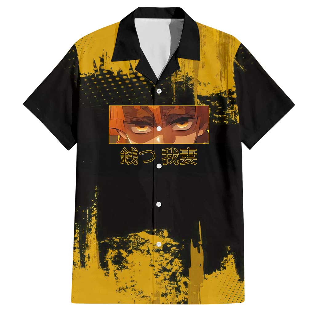Zenitsu Agatsuma Demon Slayer Yellow Grunge Design Hawaiian Shirt with Lightning Eyes and Bold Pose - The Mazicc