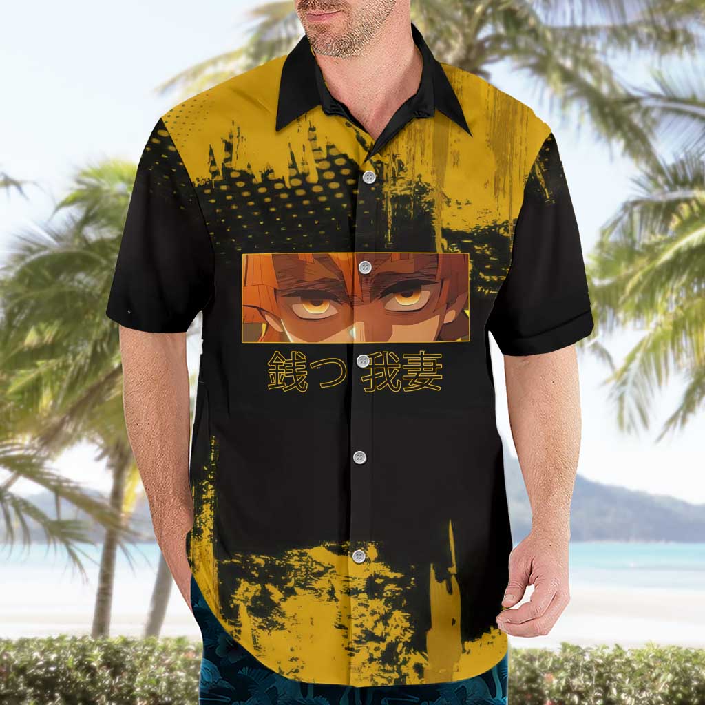 Zenitsu Agatsuma Demon Slayer Yellow Grunge Design Hawaiian Shirt with Lightning Eyes and Bold Pose - The Mazicc