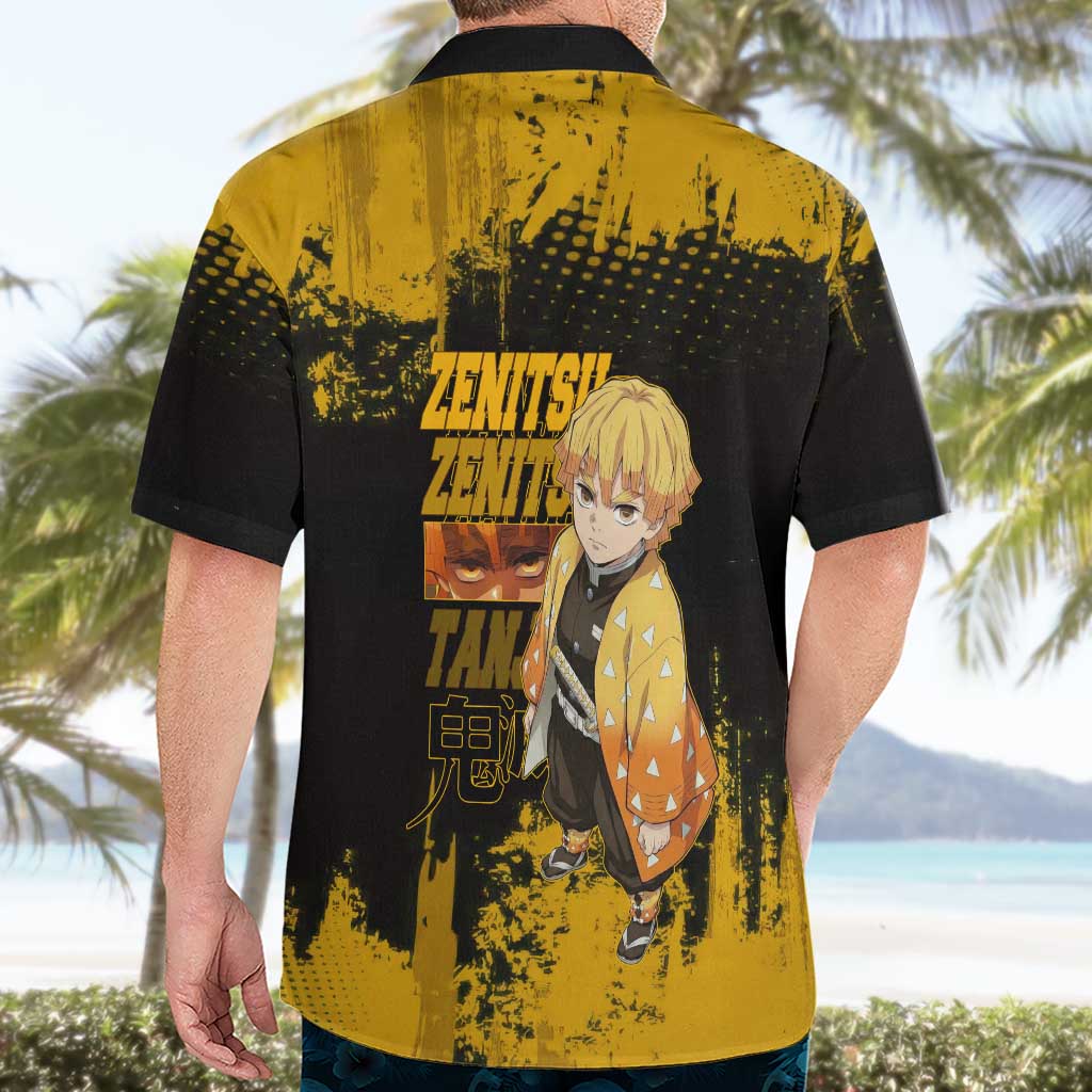Zenitsu Agatsuma Demon Slayer Yellow Grunge Design Hawaiian Shirt with Lightning Eyes and Bold Pose - The Mazicc