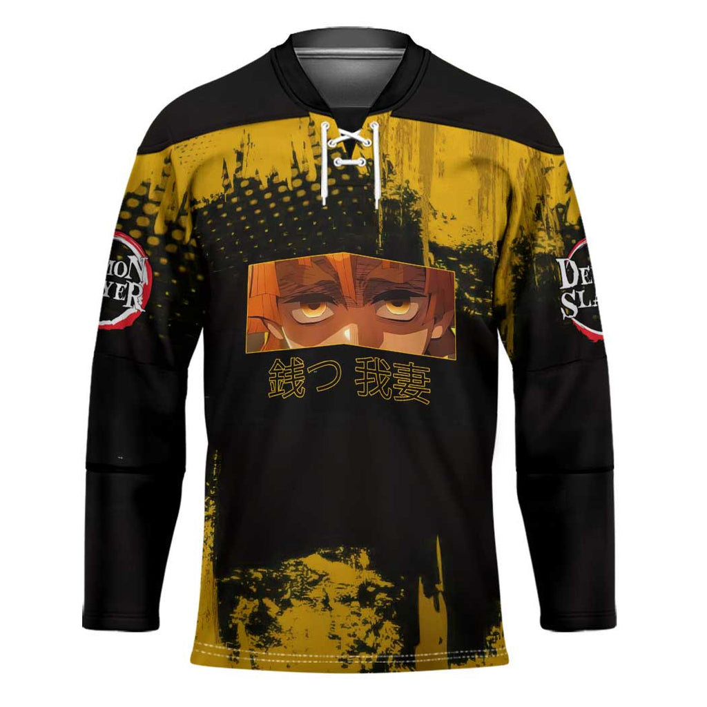 Zenitsu Agatsuma Demon Slayer Yellow Grunge Design Hockey Jersey with Lightning Eyes and Bold Pose - The Mazicc