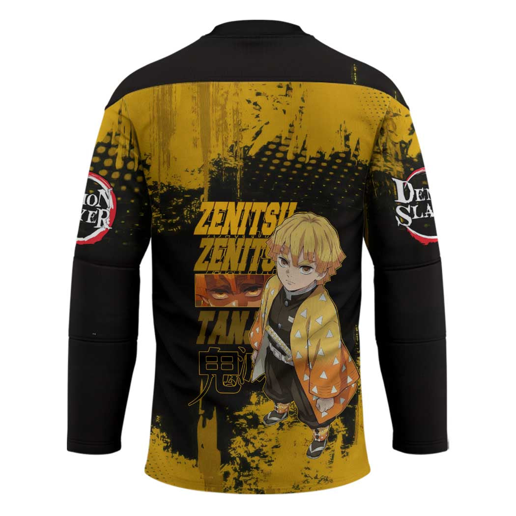 Zenitsu Agatsuma Demon Slayer Yellow Grunge Design Hockey Jersey with Lightning Eyes and Bold Pose - The Mazicc