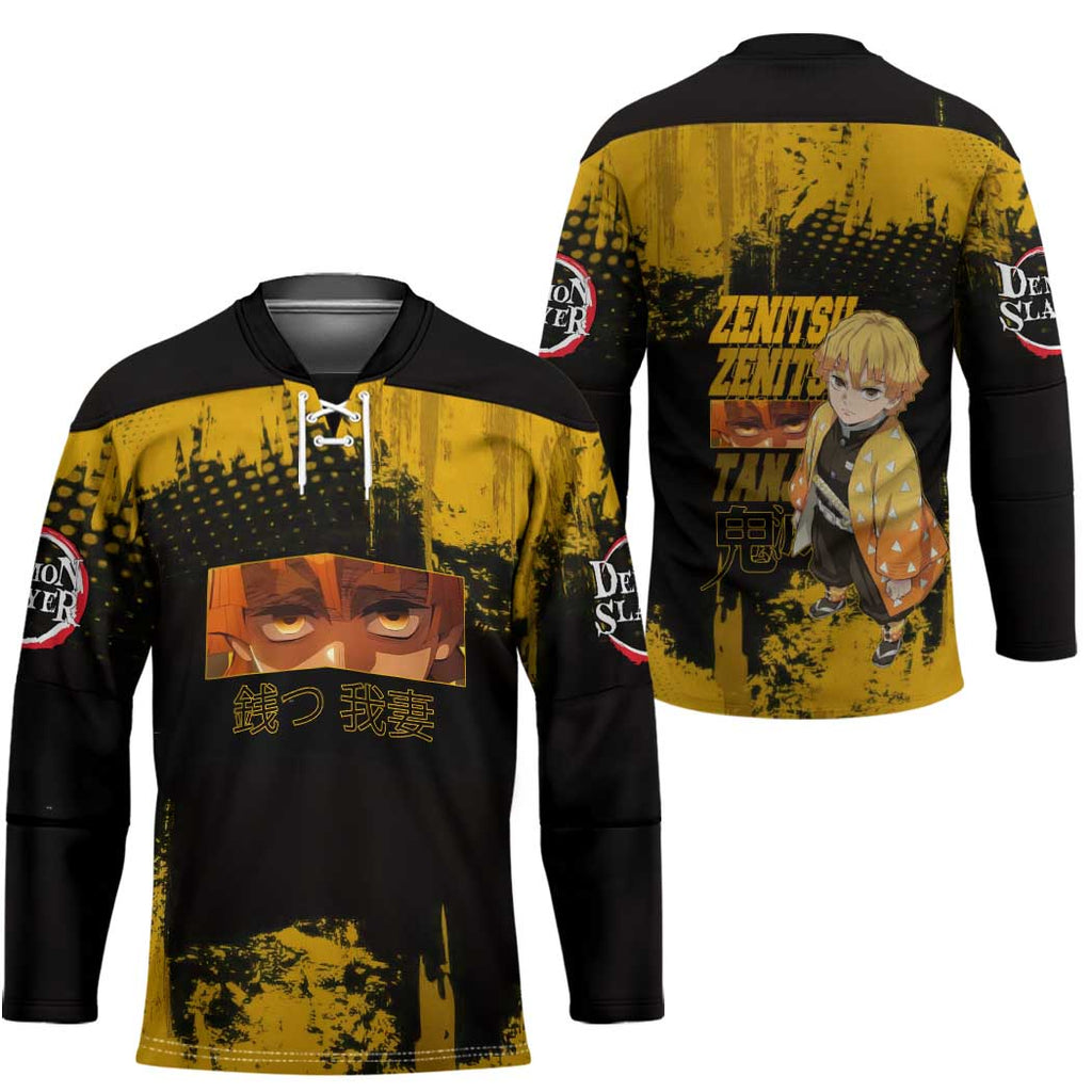 Zenitsu Agatsuma Demon Slayer Yellow Grunge Design Hockey Jersey with Lightning Eyes and Bold Pose - The Mazicc