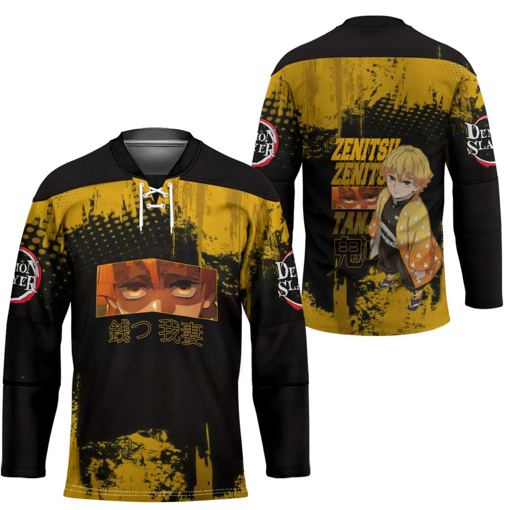 Zenitsu Agatsuma Demon Slayer Yellow Grunge Design Hockey Jersey with Lightning Eyes and Bold Pose - The Mazicc