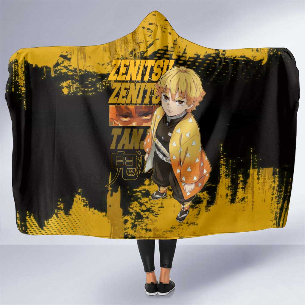 Zenitsu Agatsuma Demon Slayer Yellow Grunge Design Hooded Blanket with Lightning Eyes and Bold Pose - The Mazicc