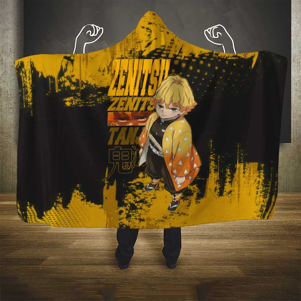 Zenitsu Agatsuma Demon Slayer Yellow Grunge Design Hooded Blanket with Lightning Eyes and Bold Pose - The Mazicc