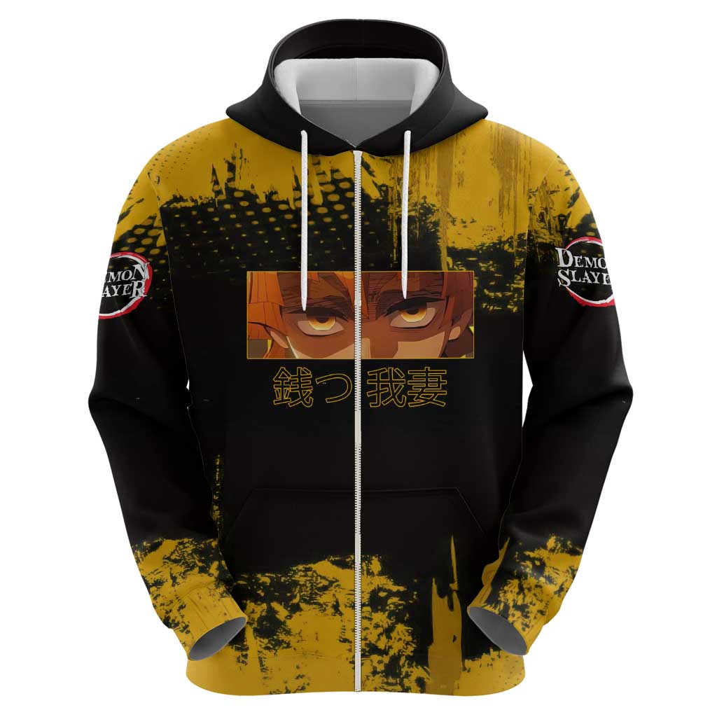 Zenitsu Agatsuma Demon Slayer Yellow Grunge Design Hoodie with Lightning Eyes and Bold Pose - The Mazicc