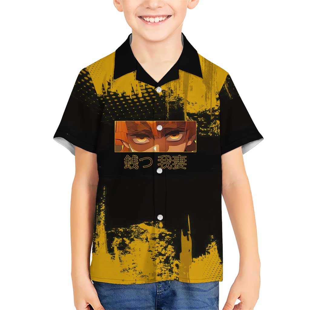 Zenitsu Agatsuma Demon Slayer Yellow Grunge Design Kid Hawaiian Shirt with Lightning Eyes and Bold Pose - The Mazicc