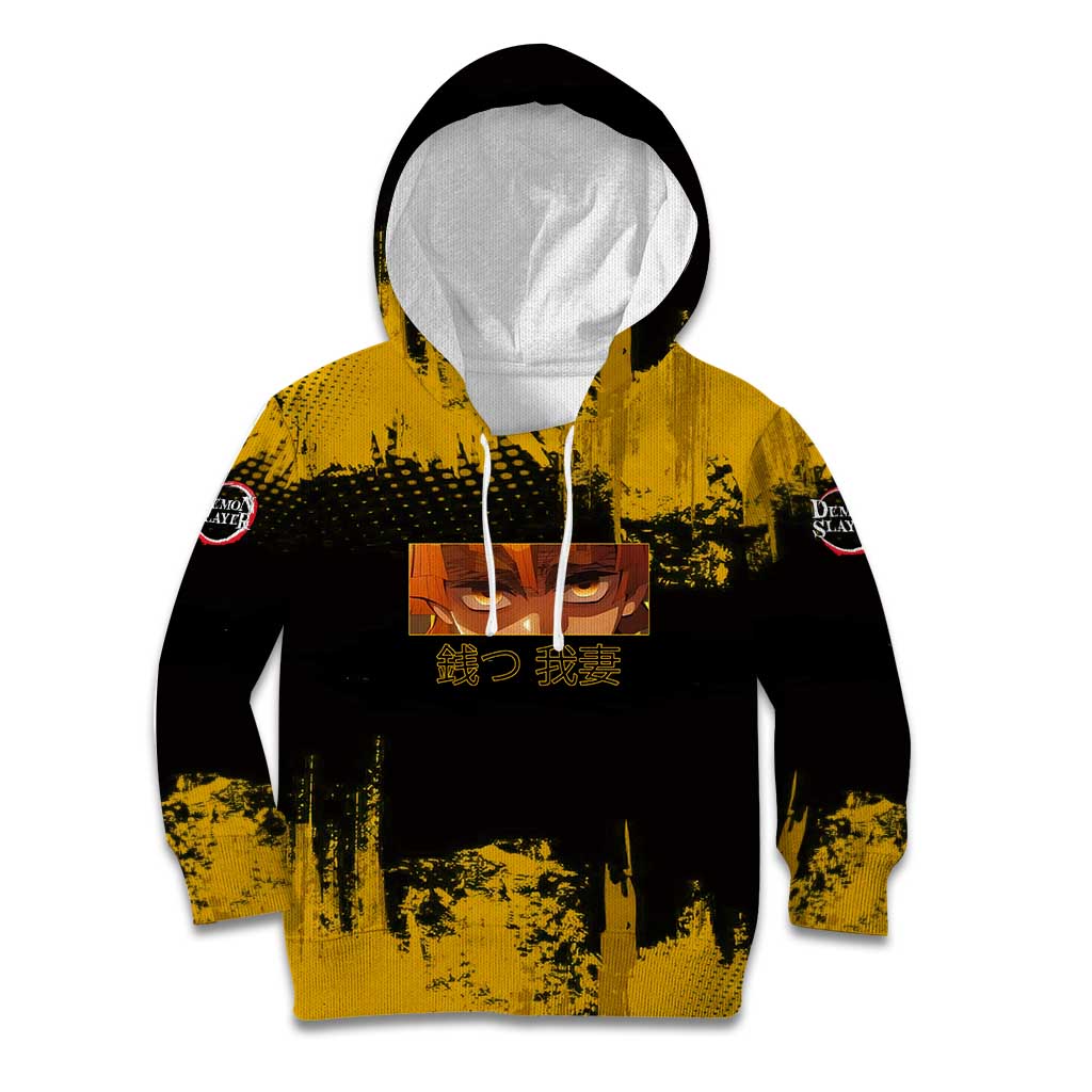 Zenitsu Agatsuma Demon Slayer Yellow Grunge Design Kid Hoodie with Lightning Eyes and Bold Pose - The Mazicc