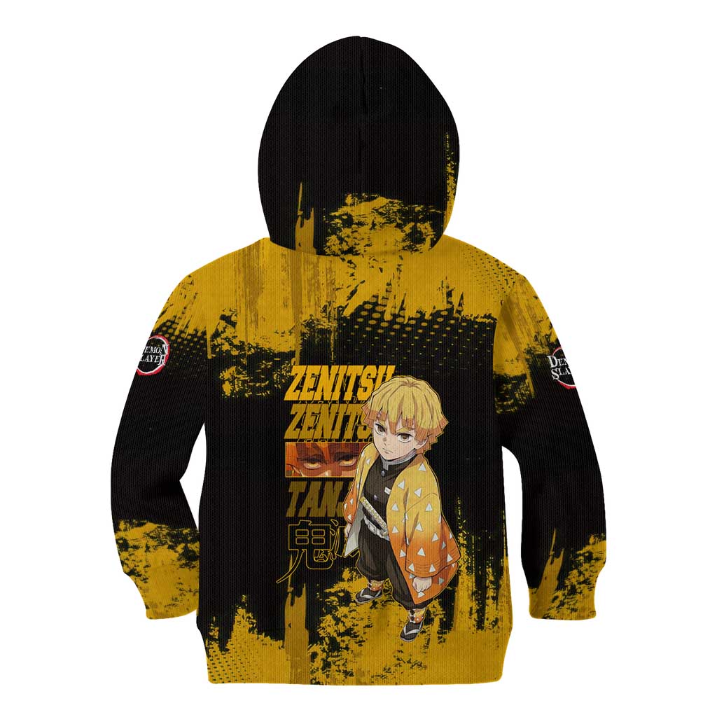 Zenitsu Agatsuma Demon Slayer Yellow Grunge Design Kid Hoodie with Lightning Eyes and Bold Pose - The Mazicc