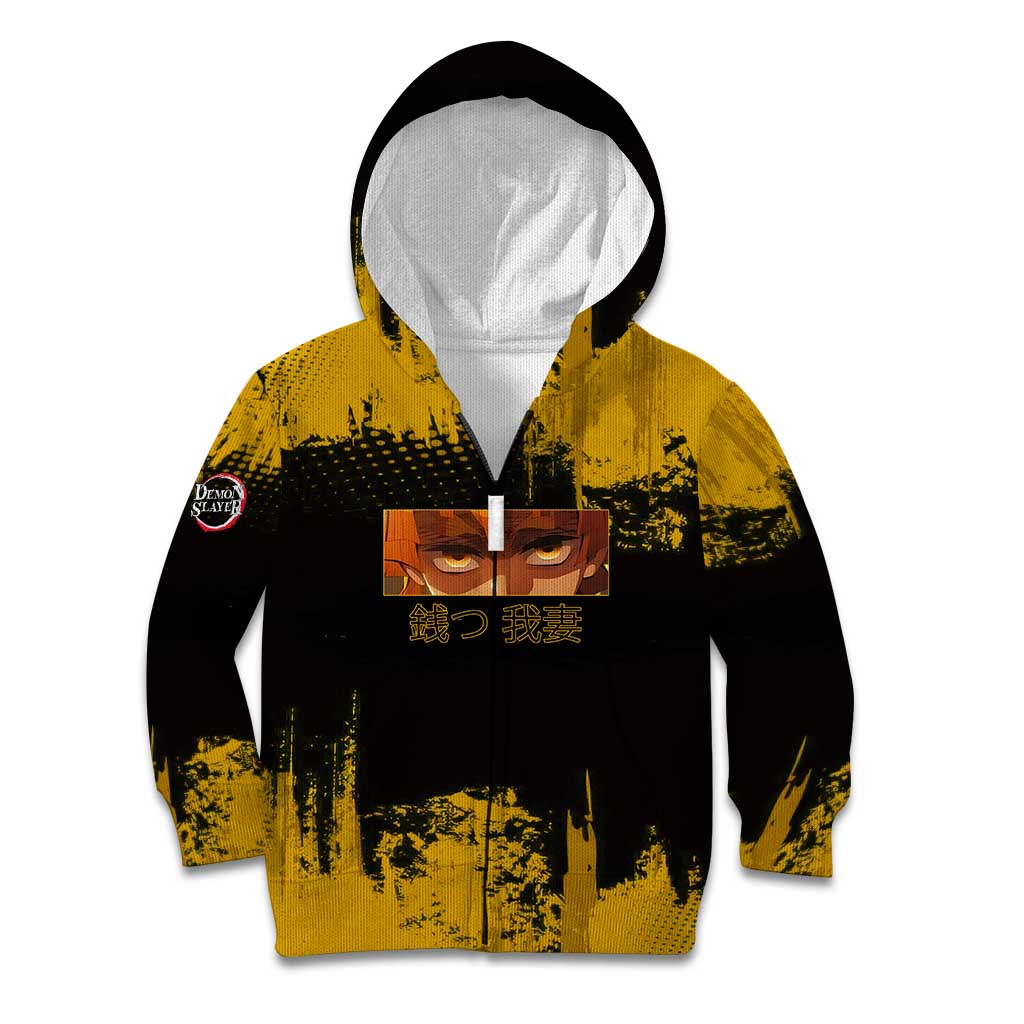 Zenitsu Agatsuma Demon Slayer Yellow Grunge Design Kid Hoodie with Lightning Eyes and Bold Pose - The Mazicc