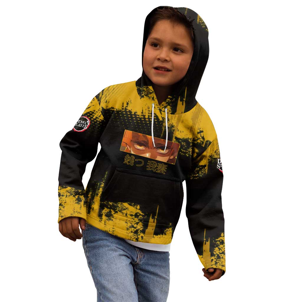 Zenitsu Agatsuma Demon Slayer Yellow Grunge Design Kid Hoodie with Lightning Eyes and Bold Pose - The Mazicc