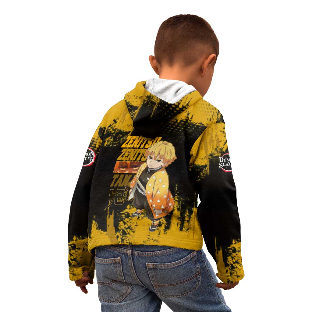 Zenitsu Agatsuma Demon Slayer Yellow Grunge Design Kid Hoodie with Lightning Eyes and Bold Pose - The Mazicc