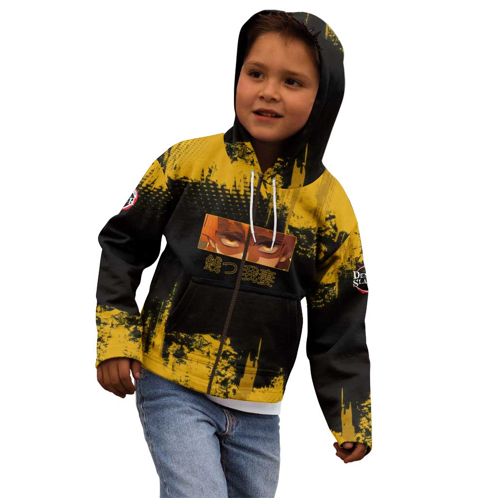 Zenitsu Agatsuma Demon Slayer Yellow Grunge Design Kid Hoodie with Lightning Eyes and Bold Pose - The Mazicc