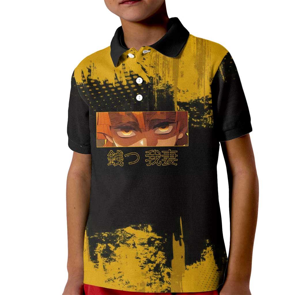 Zenitsu Agatsuma Demon Slayer Yellow Grunge Design Kid Polo Shirt with Lightning Eyes and Bold Pose - The Mazicc