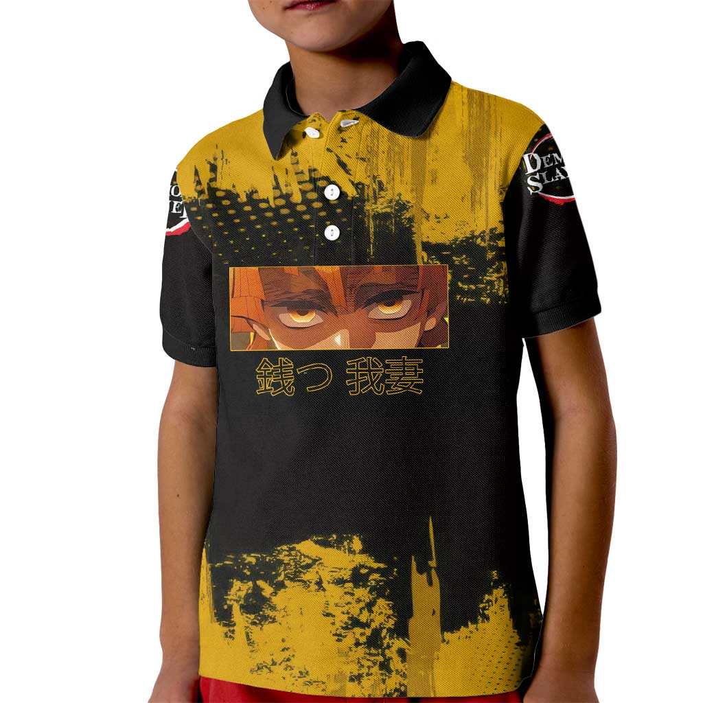 Zenitsu Agatsuma Demon Slayer Yellow Grunge Design Kid Polo Shirt with Lightning Eyes and Bold Pose - The Mazicc