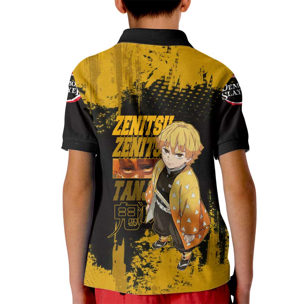 Zenitsu Agatsuma Demon Slayer Yellow Grunge Design Kid Polo Shirt with Lightning Eyes and Bold Pose - The Mazicc