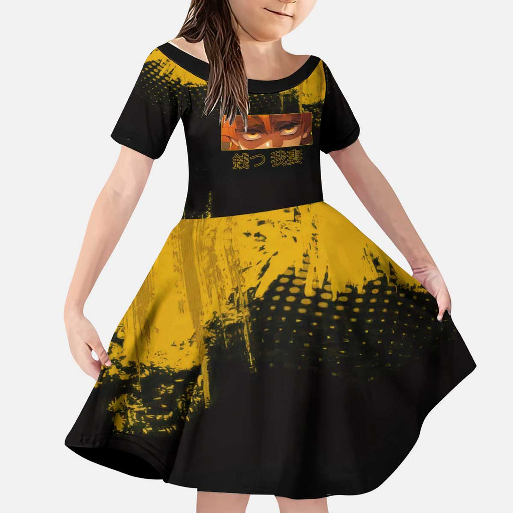 Zenitsu Agatsuma Demon Slayer Yellow Grunge Design Kid Short Sleeve Dress with Lightning Eyes and Bold Pose - The Mazicc