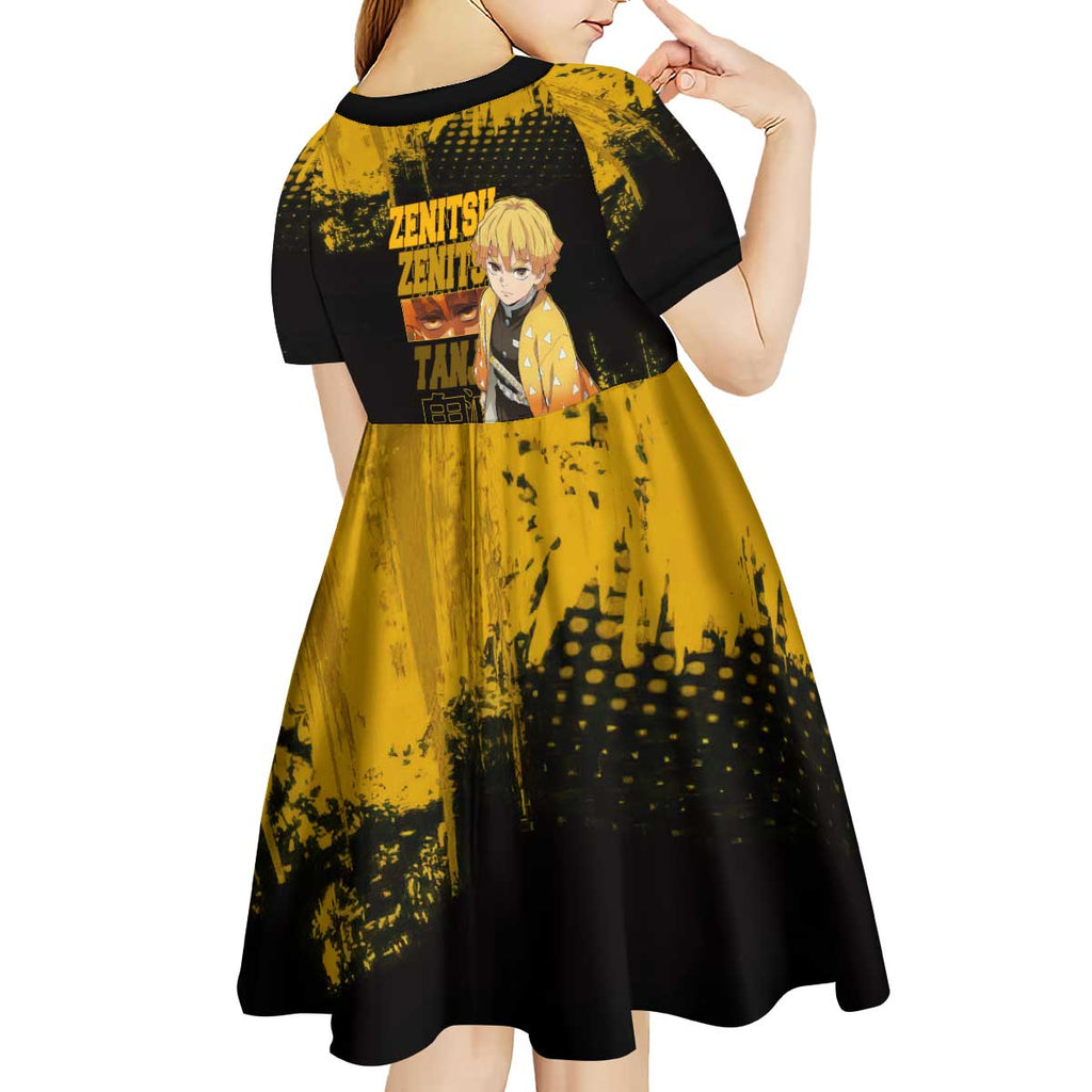 Zenitsu Agatsuma Demon Slayer Yellow Grunge Design Kid Short Sleeve Dress with Lightning Eyes and Bold Pose - The Mazicc