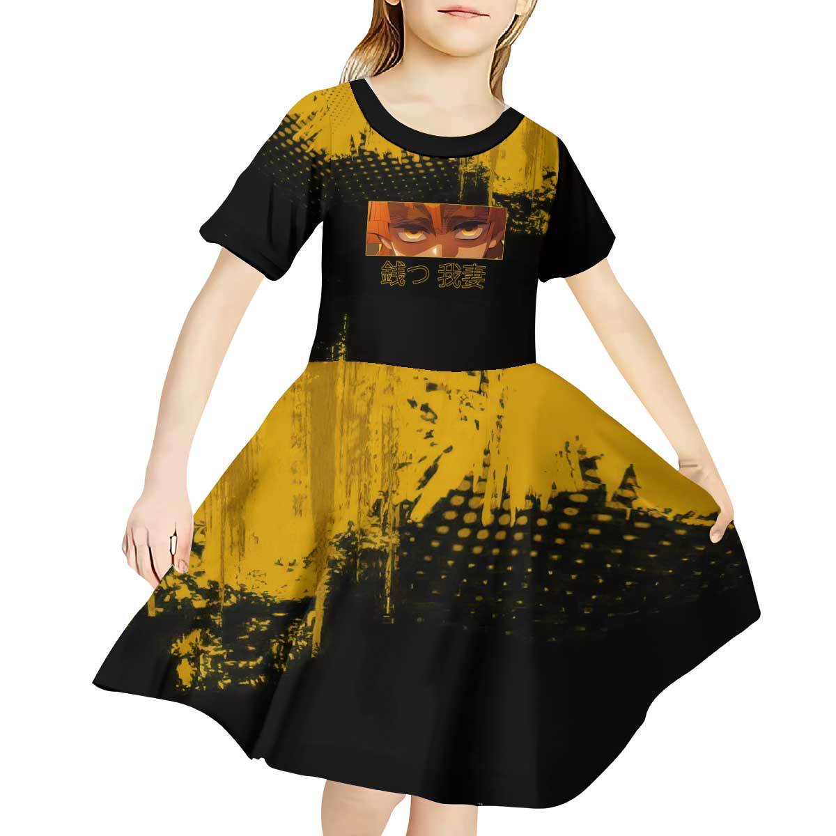 Zenitsu Agatsuma Demon Slayer Yellow Grunge Design Kid Short Sleeve Dress with Lightning Eyes and Bold Pose - The Mazicc