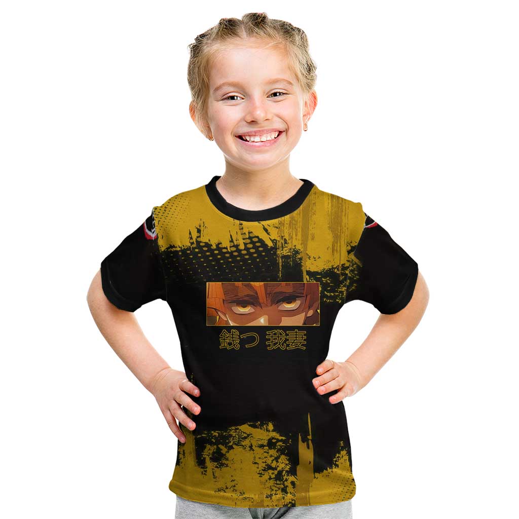 Zenitsu Agatsuma Demon Slayer Yellow Grunge Design Kid T Shirt with Lightning Eyes and Bold Pose - The Mazicc