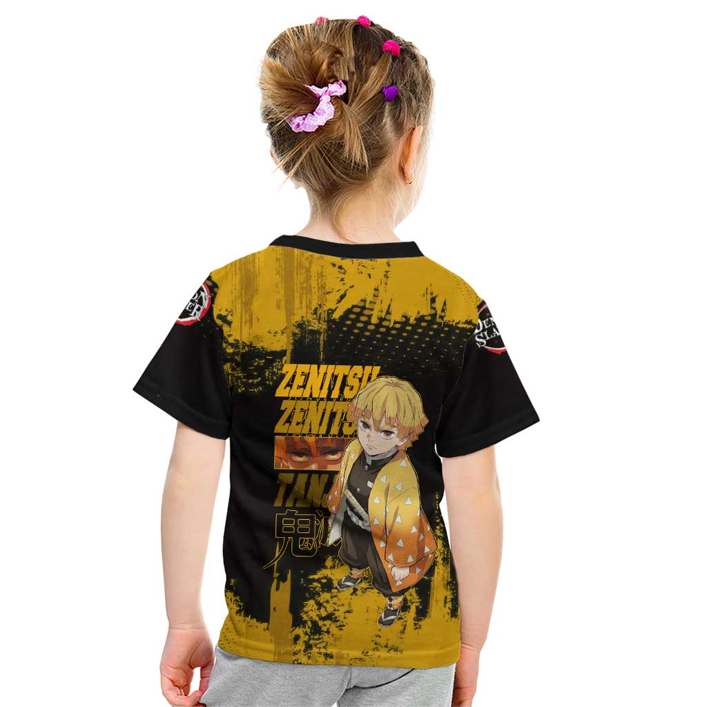 Zenitsu Agatsuma Demon Slayer Yellow Grunge Design Kid T Shirt with Lightning Eyes and Bold Pose - The Mazicc