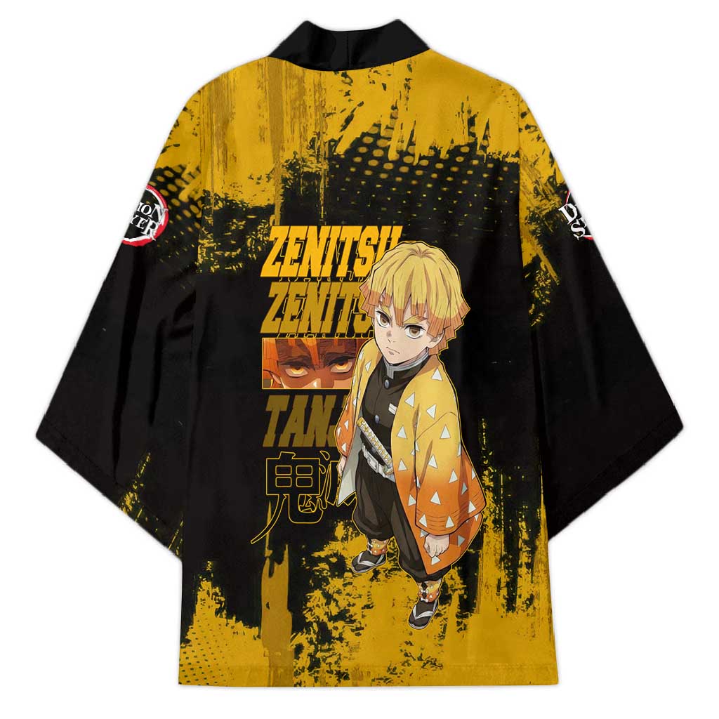 Zenitsu Agatsuma Demon Slayer Yellow Grunge Design Kimono with Lightning Eyes and Bold Pose - The Mazicc