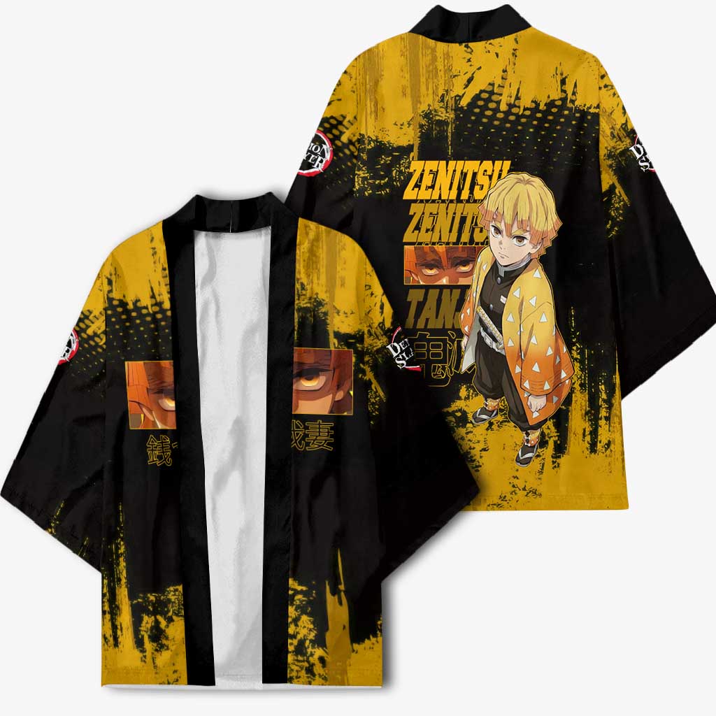 Zenitsu Agatsuma Demon Slayer Yellow Grunge Design Kimono with Lightning Eyes and Bold Pose - The Mazicc