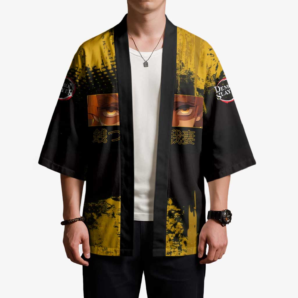Zenitsu Agatsuma Demon Slayer Yellow Grunge Design Kimono with Lightning Eyes and Bold Pose - The Mazicc
