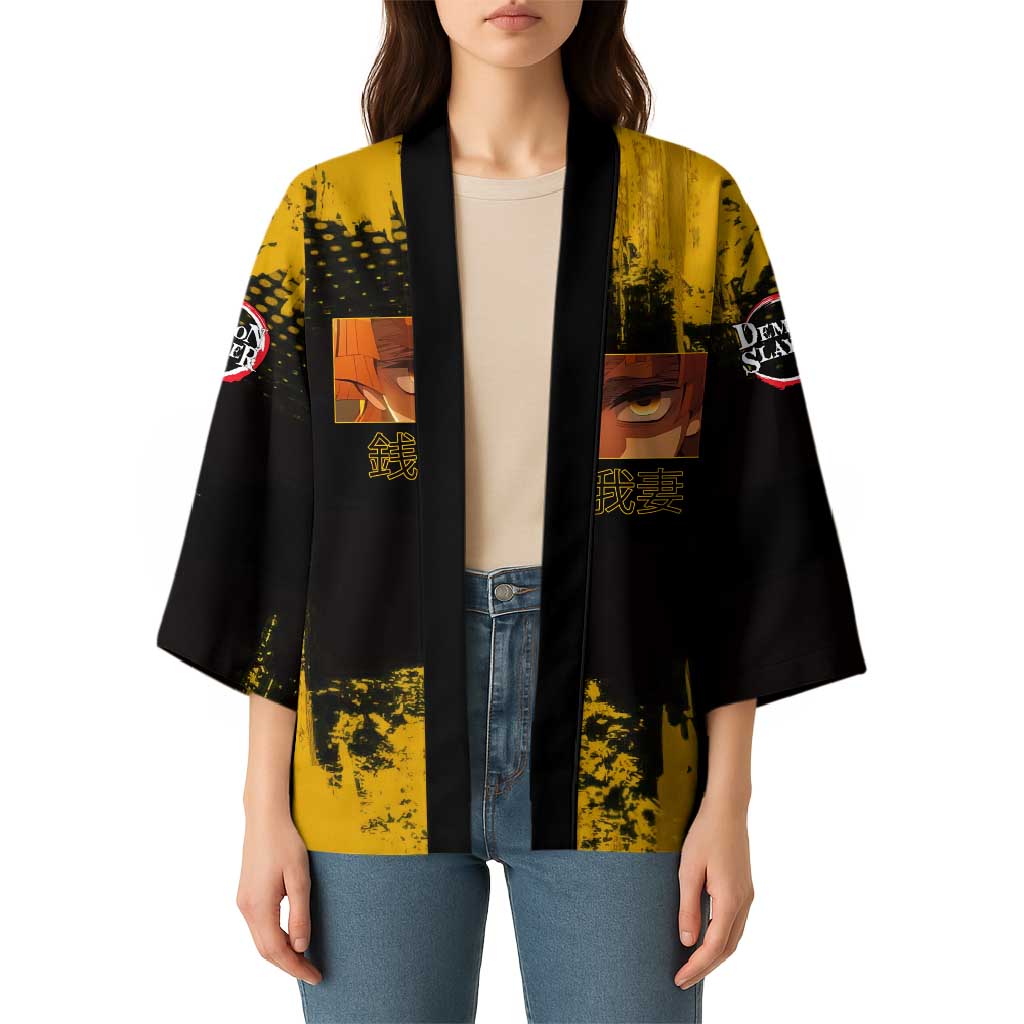 Zenitsu Agatsuma Demon Slayer Yellow Grunge Design Kimono with Lightning Eyes and Bold Pose - The Mazicc