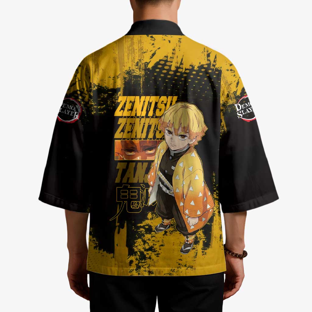 Zenitsu Agatsuma Demon Slayer Yellow Grunge Design Kimono with Lightning Eyes and Bold Pose - The Mazicc