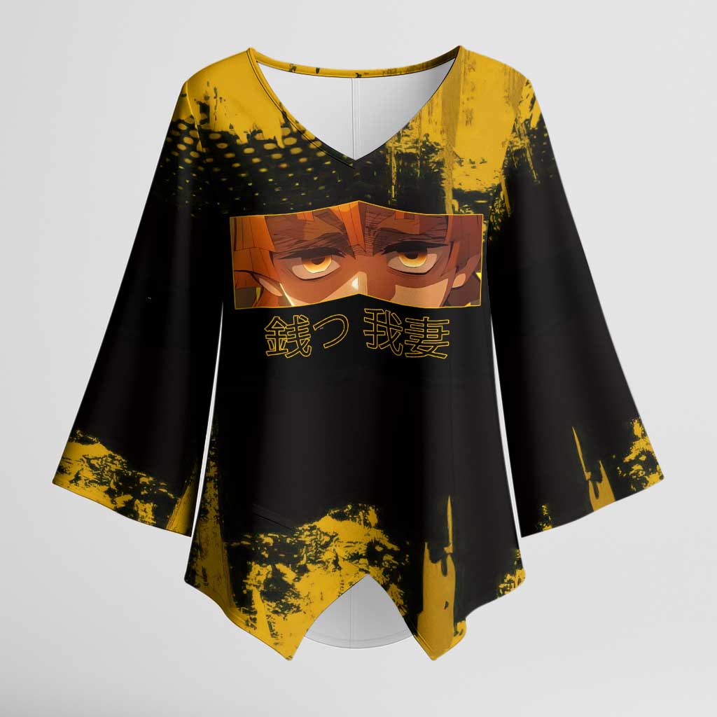 Zenitsu Agatsuma Demon Slayer Yellow Grunge Design Kimono Sleeve Blouse with Lightning Eyes and Bold Pose - The Mazicc