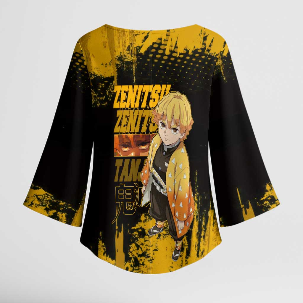 Zenitsu Agatsuma Demon Slayer Yellow Grunge Design Kimono Sleeve Blouse with Lightning Eyes and Bold Pose - The Mazicc