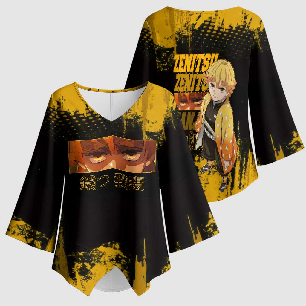 Zenitsu Agatsuma Demon Slayer Yellow Grunge Design Kimono Sleeve Blouse with Lightning Eyes and Bold Pose - The Mazicc