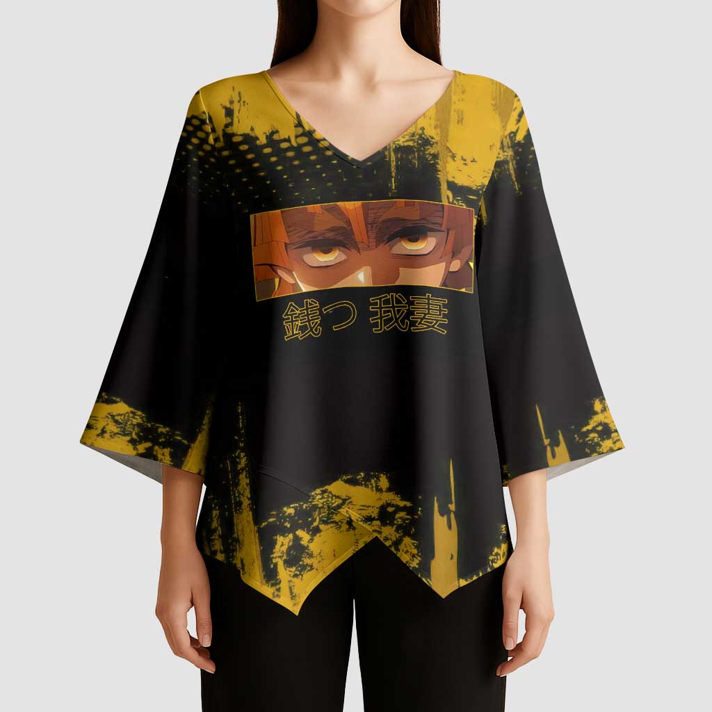 Zenitsu Agatsuma Demon Slayer Yellow Grunge Design Kimono Sleeve Blouse with Lightning Eyes and Bold Pose - The Mazicc