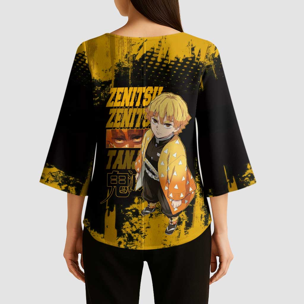 Zenitsu Agatsuma Demon Slayer Yellow Grunge Design Kimono Sleeve Blouse with Lightning Eyes and Bold Pose - The Mazicc