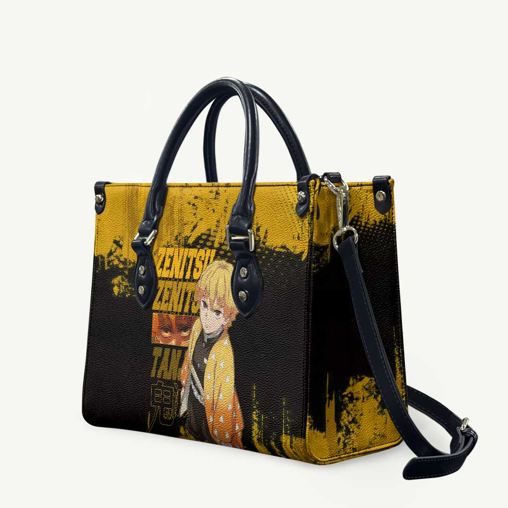 Zenitsu Agatsuma Demon Slayer Yellow Grunge Design Leather Bag with Lightning Eyes and Bold Pose - The Mazicc