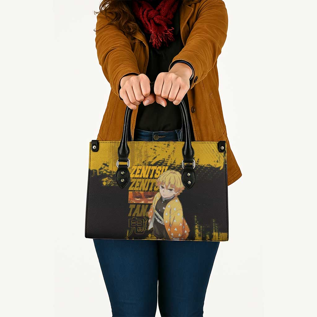 Zenitsu Agatsuma Demon Slayer Yellow Grunge Design Leather Bag with Lightning Eyes and Bold Pose - The Mazicc