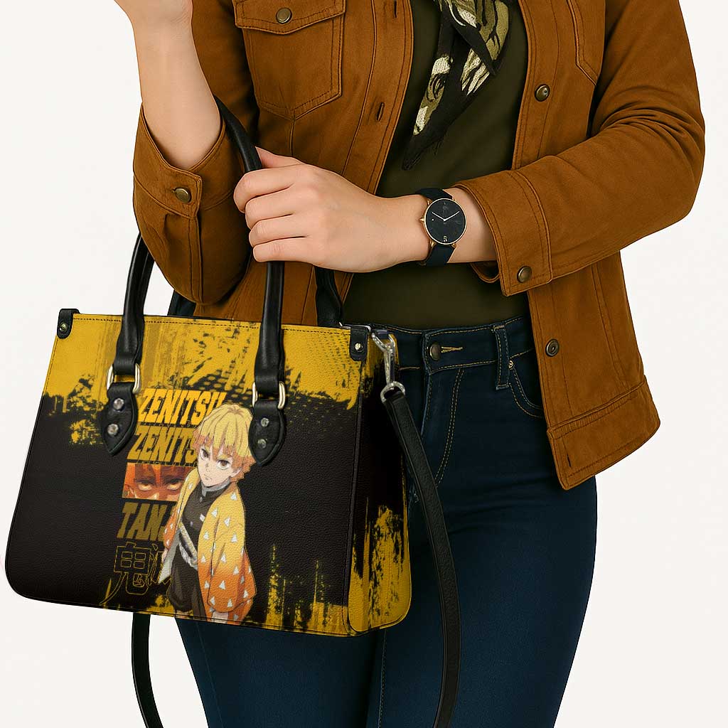 Zenitsu Agatsuma Demon Slayer Yellow Grunge Design Leather Bag with Lightning Eyes and Bold Pose - The Mazicc