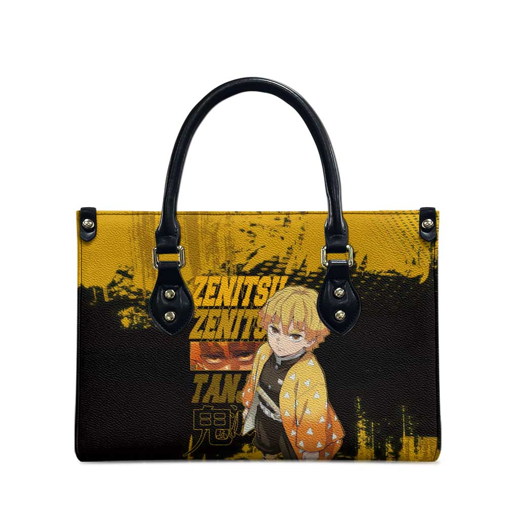 Zenitsu Agatsuma Demon Slayer Yellow Grunge Design Leather Bag with Lightning Eyes and Bold Pose - The Mazicc