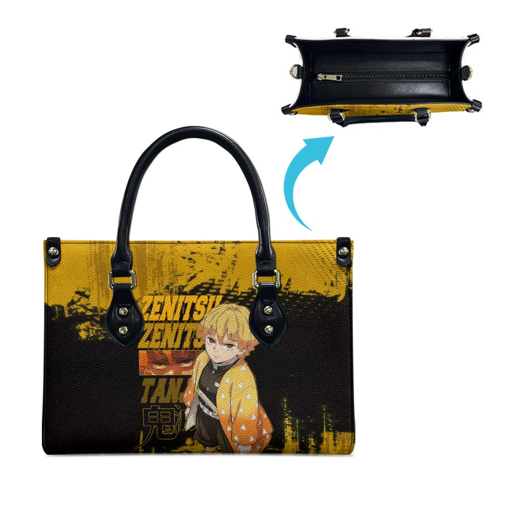 Zenitsu Agatsuma Demon Slayer Yellow Grunge Design Leather Bag with Lightning Eyes and Bold Pose - The Mazicc