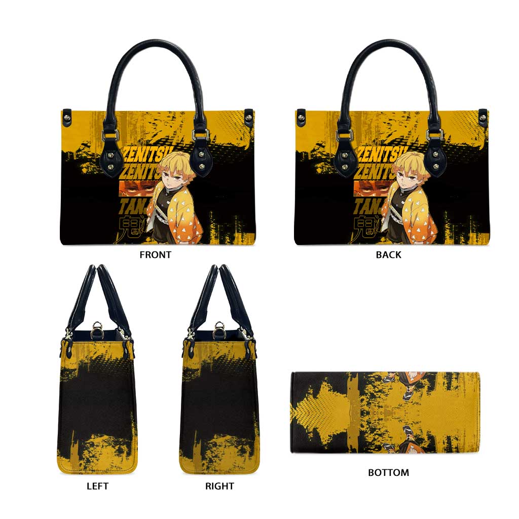 Zenitsu Agatsuma Demon Slayer Yellow Grunge Design Leather Bag with Lightning Eyes and Bold Pose - The Mazicc